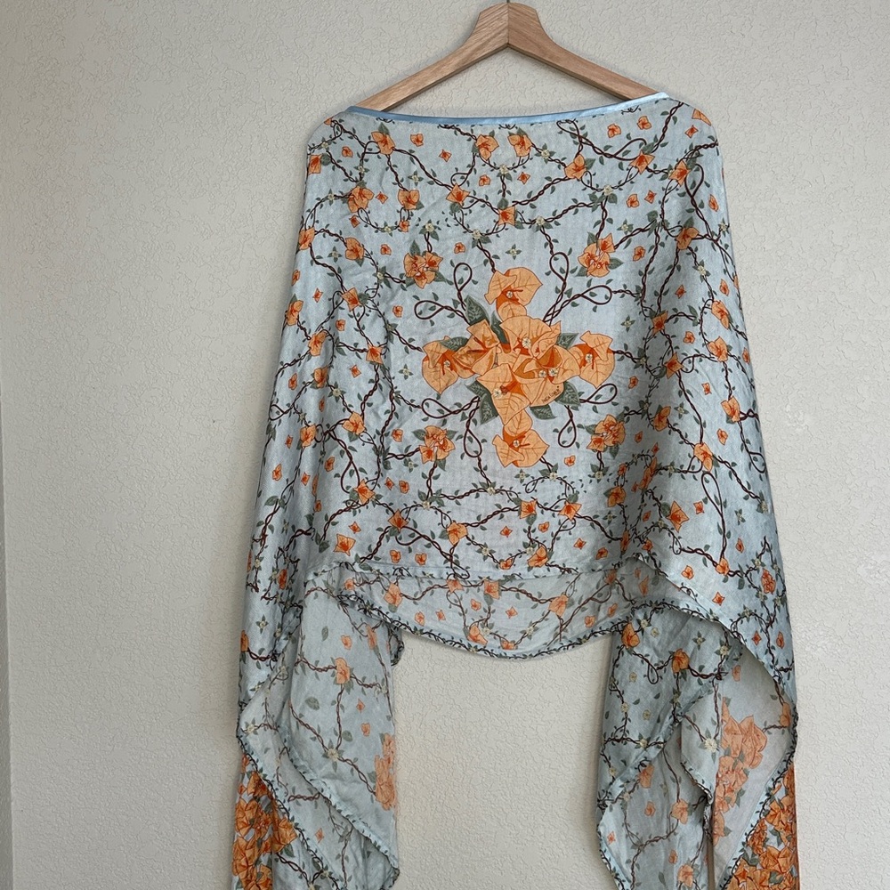 Floral Patterned Shawl with Orange Accents